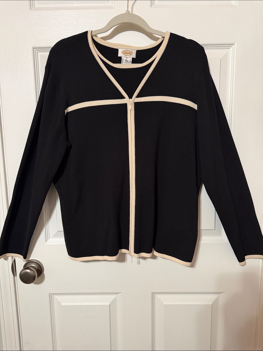 Talbots Black Zip-Front Cardigan Set with Cream Trim